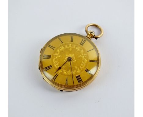 A Lady's yellow metal open face fob watch, the gold decorative dial with black Roman numerals, the gilt movement not signed, 