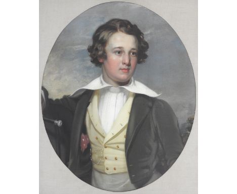 Circle of Thomas Jones Barker (1815-1882),
Portrait of a young man, half length wearing a yellow waitscoat and holding a cane