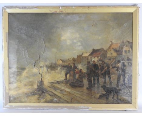 British School, Late 19th/early 20th Century,
Fishermen and Women on a Village Jetty during a Storm,
Indistinctly signed lowe