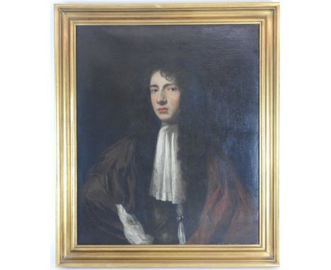 English School, early 18th Century,
Portrait of a Gentleman, half length wearing a brown coat and a red cloak,
Oil on canvas,