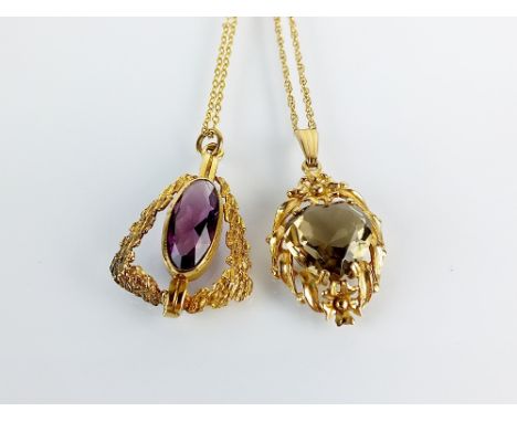 A 9ct gold smoky quartz pendant, suspended from yellow metal chain stamped '9ct', together with a 9ct gold amethyst pendant, 