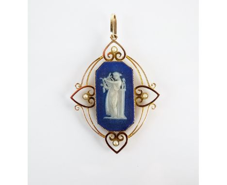 An early 20th century Wedgwood and seed pearl pendant, designed as a central Wedgwood jasper ware plaque depicting a classica