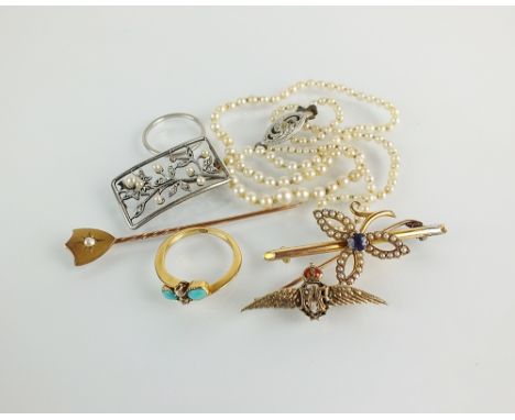 A graduated seed pearl necklace, with white metal clasp, together with a turquoise and diamond ring, a white metal band, a sa