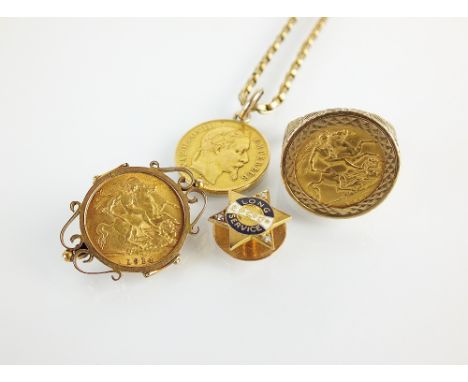 A 9ct gold half sovereign set ring, dated 1911, together with a half sovereign set brooch, dated 1914, a French coin set pend