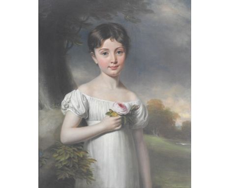 English Provincial School, 19th Century,
Portrait of Sophia Clulow Howard, three quarter length wearing a white dress holding