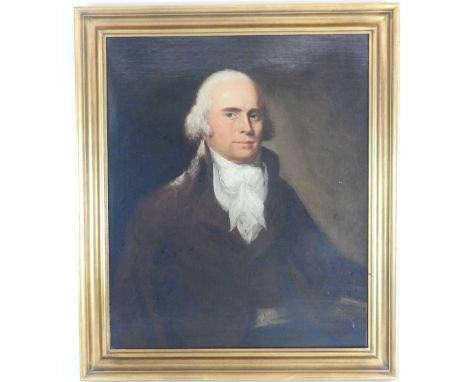 Manner of Sir William Beechey (1753-1839),
Portrait of a gentleman, half length, wearing a white stock and a brown coat,
Oil 