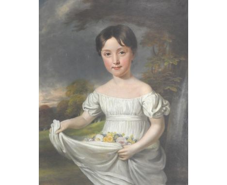 English Provincial School, 19th Century,
Portrait of Emma Howard, three quarter length, wearing a white dress and holding flo