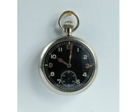 Military pocket watch with black dial marked to the back with broad arrow G.S.T.P Q6951 , in good working order