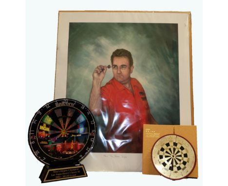 A good collection of Phil ' The Power' Taylor items to include Men Singles Champion Las Vegas Desert Classic III 2004 trophy 