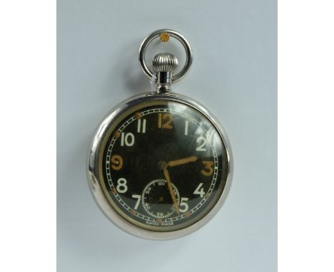 Military pocket watch with black dial marked to the back with broad arrow G S T P 191203 , in good working order