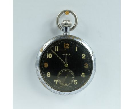 Cyma Military pocket watch with black dial marked to the back with broad arrow G.S.T.P M88491 , in good working order