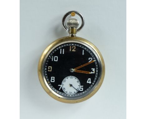 Military pocket watch with black dial marked to the back with broad arrow GS/TP  S018579 , in good working order