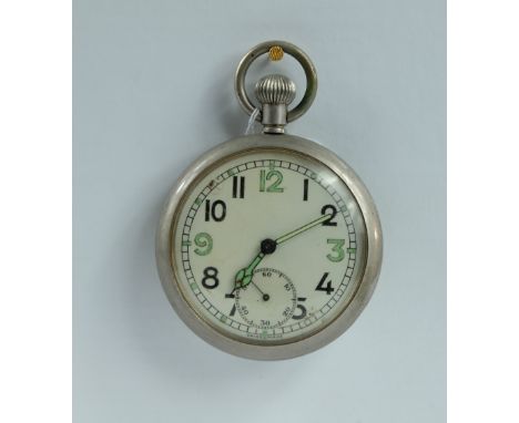 Military pocket watch with white dial marked to the back with broad arrow  and G.S.T.P M81366  in good working order