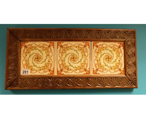 Edwardian carved walnut framed tile panel, length 57cm