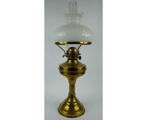Bamford England brass oil lamp with glass shade, overall height 59vm