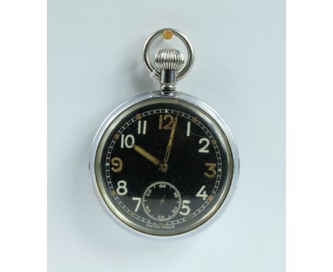 Military pocket watch with black dial marked to the back with broad arrow G S.T.P M917