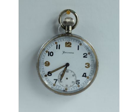 Helvetia Military pocket watch with white dial marked to the back with broad arrow G.S/T.P P79785 , in good working order (sm