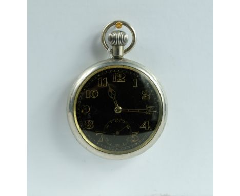 Military pocket watch with black dial marked to the back with broad arrow G S MKII A67764