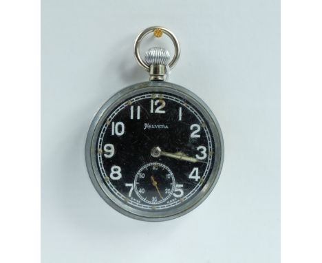 Helvetia Military pocket watch with black dial marked to the back with broad arrow  GS/TP P52018, in good working order