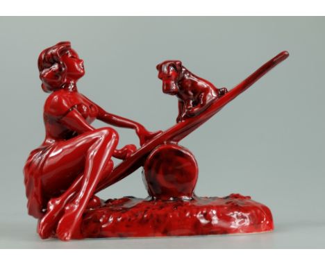 Kevin Francis Peggy Davies Ruby fusion figure of lady and dog on see-saw, signed by Rhod Davies