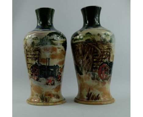 Pair Cobridge stoneware vases decorated with tractor and haymaking scenes, height 32cm (one marked trial and dated 2000 and t