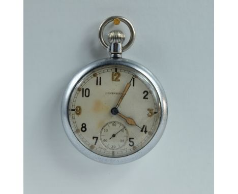 Leonidas Military pocket watch marked to the back with broad arrow G.S.T.P N9163 , in good working order (crack to bezel)