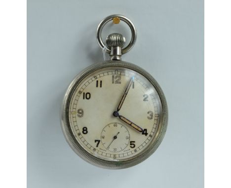 Military pocket watch with grey dial marked to the back with broad arrow & G.S.T.P S051490 in good working order