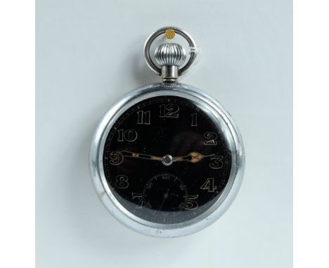 Military pocket watch with black dial marked to the back with broad arrow G.S.T.P A134273, in good working order
