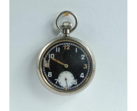 Military pocket watch with black dial marked to the back with broad arrow GS/TP P24572 , in good working order (small hole in