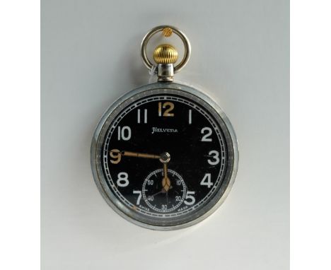 Helvetia Military pocket watch with black dial marked to the back with broad arrow GS/TP P31856 , in good working order