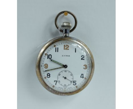 Cyma Military pocket watch with white dial marked to the back with broad arrow G S T P G28356 , in good working order