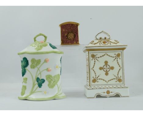 Minton gilded prototype mantle clock case, smaller gilded clock case and Victoria Strawberry clock case (all have no clock mo