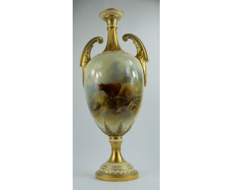 Royal Worcester large two handled vase hand painted with highland cattle by J Stinton, height 52cm  (slight restoration to bo