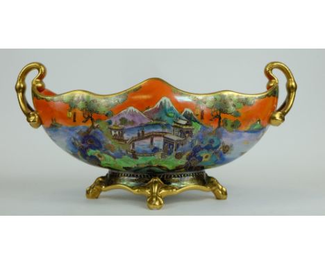 Carltonware two handled gondolier shaped dish on stand decorated in the China land design, length 33cm  (slight ware to the g