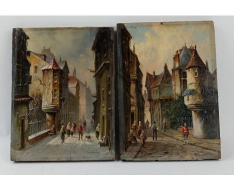 Pair oil painting on wood panels of old city street scenes, one depicts an old Scottish soldier with walking stick and variou