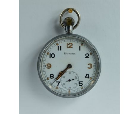 Helvetia Military pocket watch with white dial marked to the back with broad arrow G.S/T.P P20744 , in good working order (ca