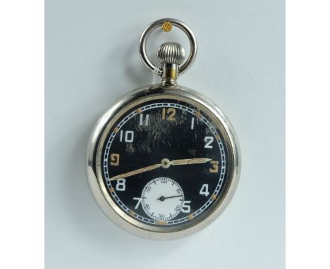 Military pocket watch with black dial marked to the back with broad arrow GS/TP S031601 , in good working order