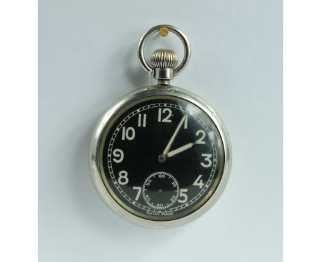 Military pocket watch with black dial marked to the back with broad arrow A64205 , in good working order