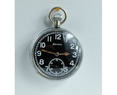 Helvetia Military pocket watch with black dial marked to the back with broad arrow GS/TP 175367 , in good working order