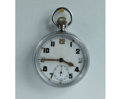 Military pocket watch with white dial marked to the back with broad arrow  and G.S.T.P 77991  in good working order