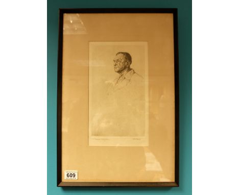 Hubert Andrew Freeth RA etching of W.Somerset Maugham, in wood frame, overall 35 x 51cm