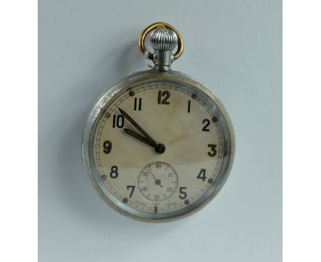 Military pocket watch with white dial marked to the back with broad arrow G.S/T.P Q16763 , in good working order