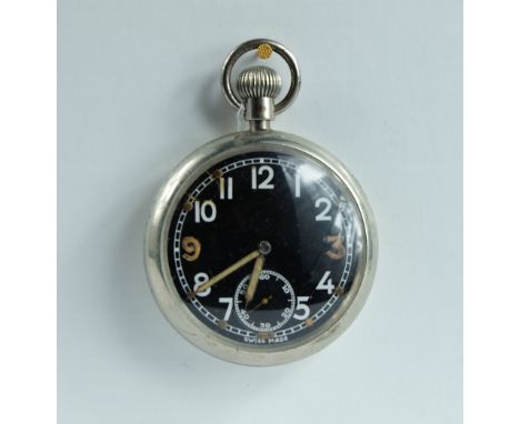 Military pocket watch with black dial marked to the back with broad arrow G.S.T.P 121466 , in good working order