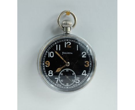 Helvetia Military pocket watch with black dial marked to the back with broad arrow GS/TP P72777 , in good working order 