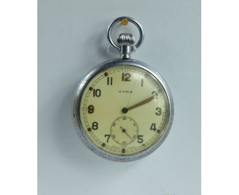 Cyma Military pocket watch with white dial marked to the back with broad arrow G.S.T.P M60367 , in good working order (crack 