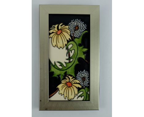 Moorcroft tile decorated in the Daisy May design in frame, dated 2008 in original box