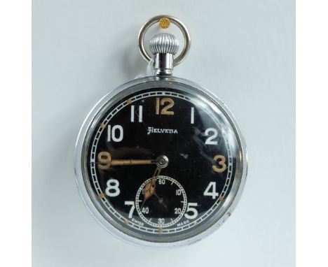 Helvetia Military pocket watch with black dial marked to the back with broad arrow G.S.T.P G26837 , in good working order