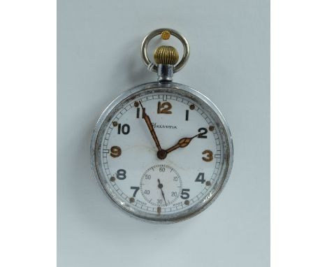 Helvetia Military pocket watch with white dial marked to the back with broad arrow G.S/T.P P54274 , in good working order (ca