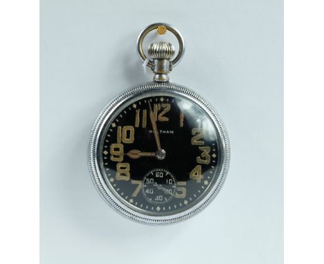 Military pocket watch with black dial marked to the back with broad arrow in good working order