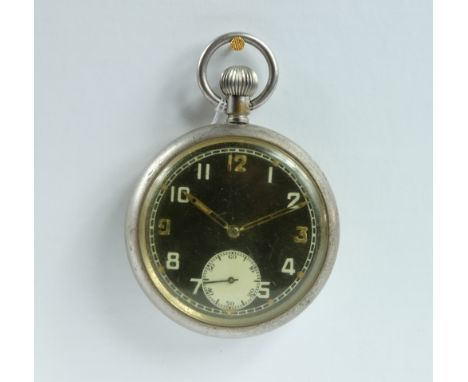 Military pocket watch with black dial marked to the back with broad arrow G.S.T.P L5305 , in good working order